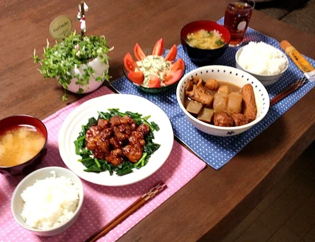 ヒレ肉の照り焼き、春雨ツナサラダ、えのき茸のお味噌汁、２日目のおでん、ご飯|pentarouさん