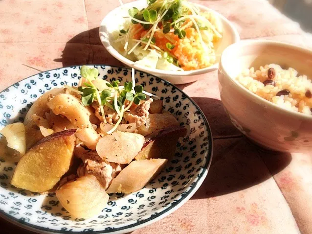 豚肉と根菜のバルサミコ煮(アレンジ♡)、食べるにんじん生姜ドレッシングのサラダ♪|ずぼら管理栄養士ママさん