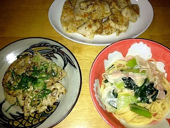 青梗菜とハムのクリームソースパスタ＆鶏チーズ焼き＆レンコンマリネ|KEIさん