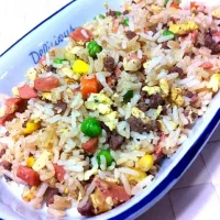 Beef fried rice with mixed veg n sausage