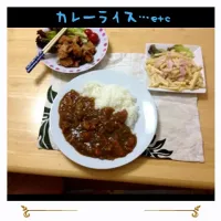 Snapdishの料理写真:カレーライス…唐揚げ…マカロニサラダ|愛瑠さん