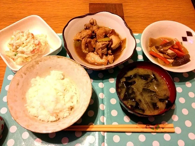 鶏の照り焼き、メンマと厚揚げの煮物、ポテサラ|なおさん