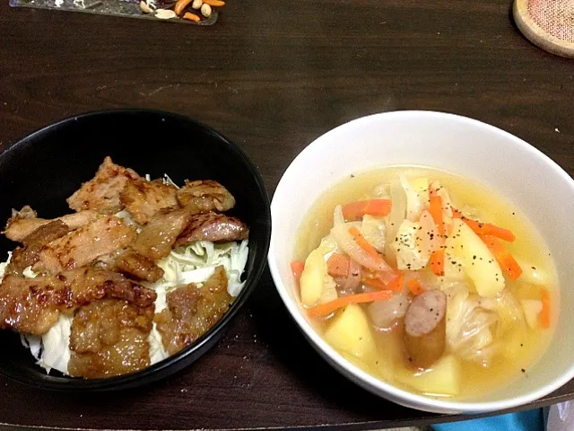 おいも豚のもろみ漬け丼、ポトフ|すみれさん