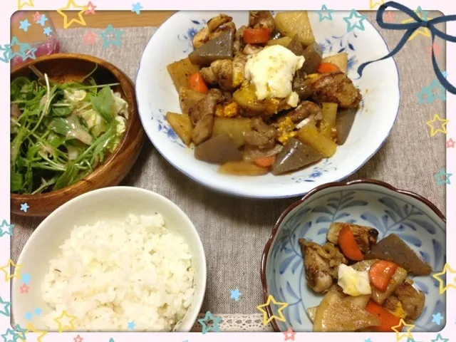 鶏肉と根野菜の卵乗せ煮物♪|しょこらさん