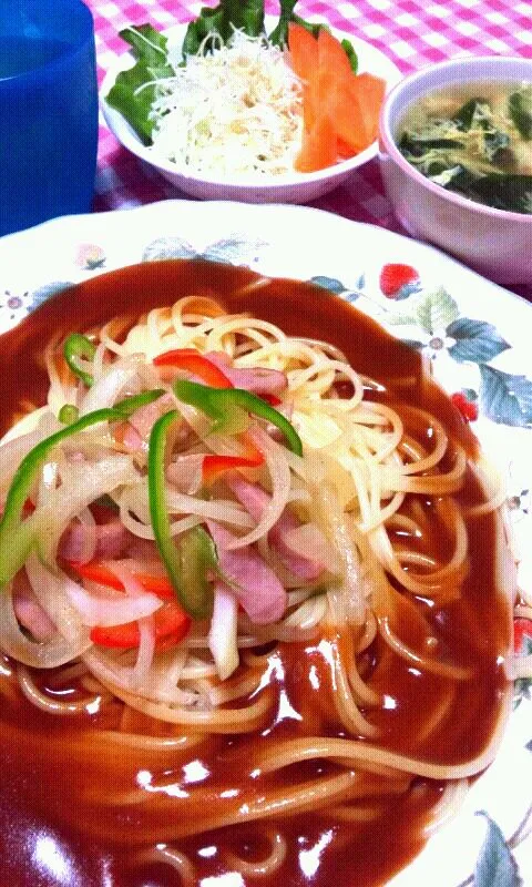 あんかけスパゲティ、サラダ、ほうれん草とたまごのスープ|まあるさん