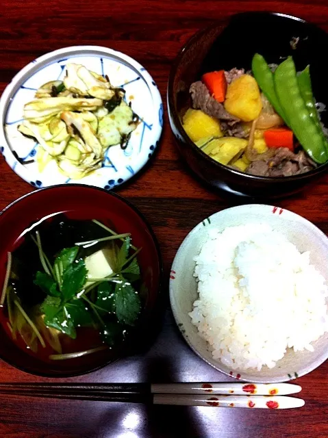 肉さつま、豆腐とワカメの吸い物、塩昆布キャベツ|ナミカワさん