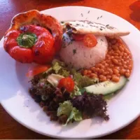 Snapdishの料理写真:Red pepper mince meat with cheese, rice and quesadilla.|Diepak Kisoensinghさん