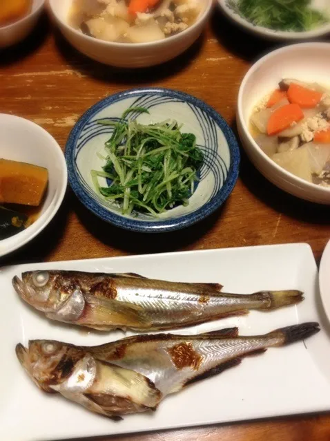 ハタハタ塩麹漬けと醤油麹漬け。水菜ゴマみそあえ、けんちょう、南瓜煮。|raku_darさん