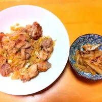 鳥のネギ塩ニンニク焼きと塩キンピラ。|つるさん