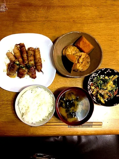 野菜の肉巻き、かぼちゃとがんもどきの煮物、豆苗と玉子とベーコンのオイスター炒め|ゆうたんさん