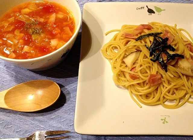 Snapdishの料理写真:ミネストローネとエリンギとベーコンのパスタ|さとさやさん