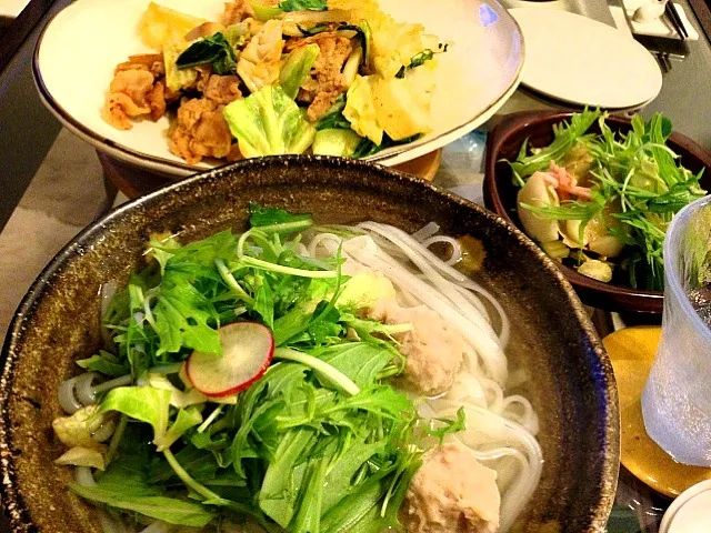 鶏団子のフォー✨豚肉とキャベツピリ辛炒め🍴|サクラさん