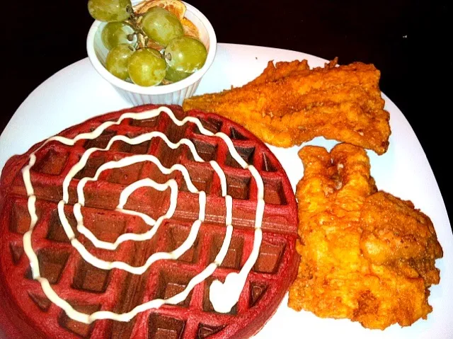 Red velvet waffles & Fried haddock w/ fresh fruit.|Homestyle Gourmetさん