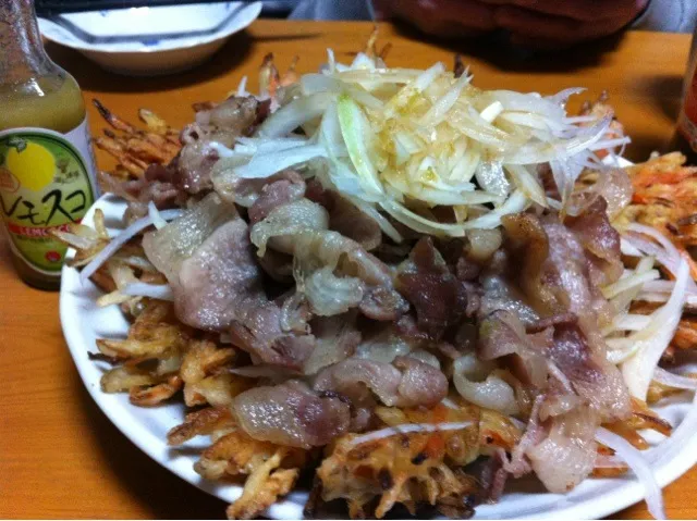 本日のおつまみおかず♪人参とごぼうのかき揚げと豚肉炒め オニオンスライスのせ|あられさん