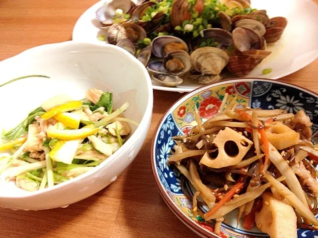 ササミと長芋と水菜のゆずポン きんぴらごぼうれんこん アサリの酒蒸し|美和さん