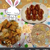 Snapdishの料理写真:コロッケ  麻婆厚揚げ ひき肉シチュー|矢部智恵子さん