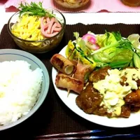 Snapdishの料理写真:唐揚げの甘辛タルタルがけ ネギのベーコン巻き|かおちさん