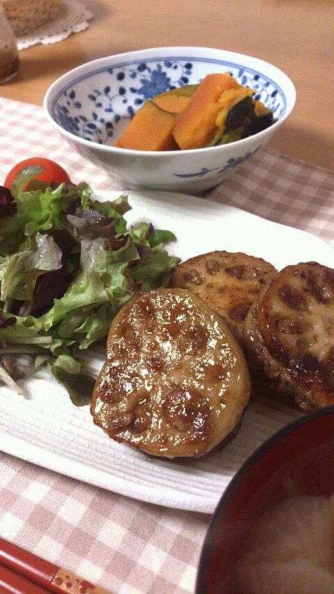 蓮根はさみ焼きとカボチャの煮物|さとさん