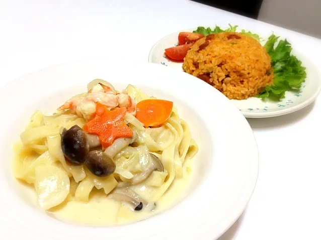 今日の晩御飯～クリームパスタ❁チキンライス～|むーみんさん