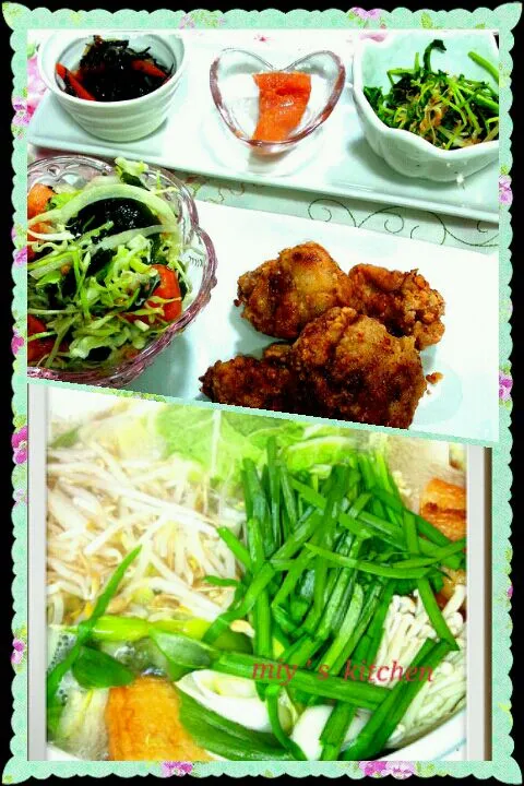 ☆12/21 ﾗﾋﾞｭdinner☆ ＊水炊き＊鶏の唐揚げ＊野菜のお茶漬けｻﾗﾀﾞ＊豆苗、桜えび、もやしの塩昆布＊辛子明太子＊ひじきの煮物|みぃにゃんさん