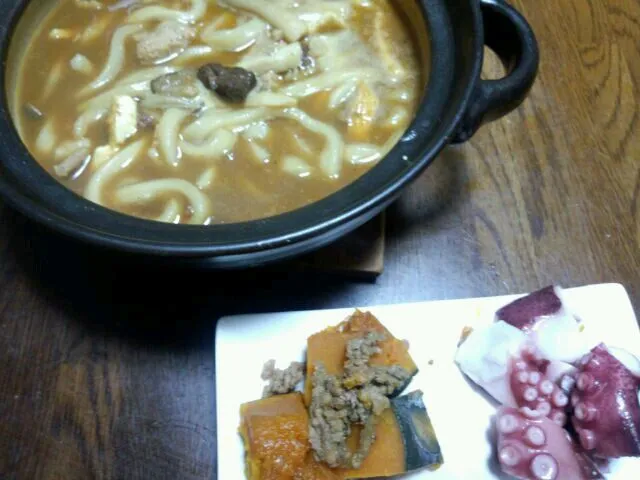 晩ご飯　南瓜の煮物とカレーうどん|咲夢さん