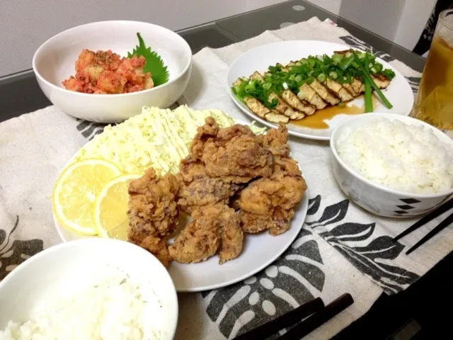 ジューシー唐揚げ、じゃがいもの昨日の晩ご飯❤明太マヨ和え、焼き豆腐ポン酢掛け|ゆみさん