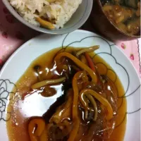 Snapdishの料理写真:赤魚の甘酢あんかけ♡ホタテとジャガイモの炊き込みご飯張り込んだょなめこ汁|かおちさん