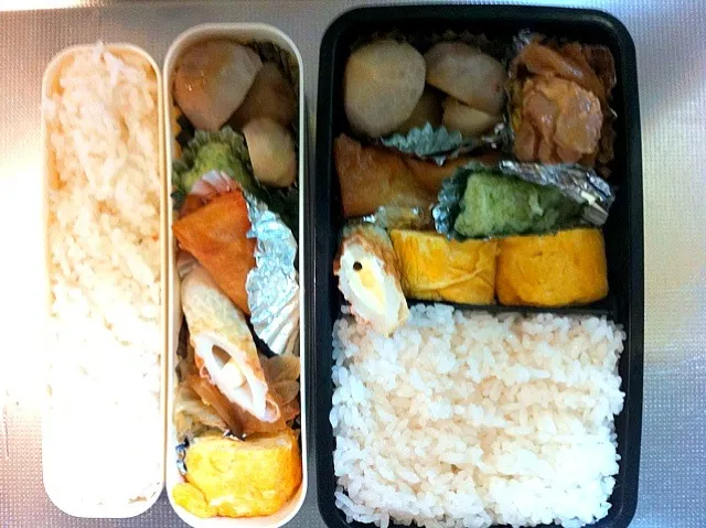 Snapdishの料理写真:12/25お弁当  里芋の煮っころがし、マヨ竹輪、竹輪磯揚げ、春巻、厚揚げと白菜人参の味噌煮、出し巻き|由紀子さん