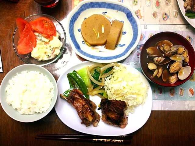 スペアリブ・野菜炒め・ポテトサラダ・煮大根・あさり汁|386۬৺۬☆さん