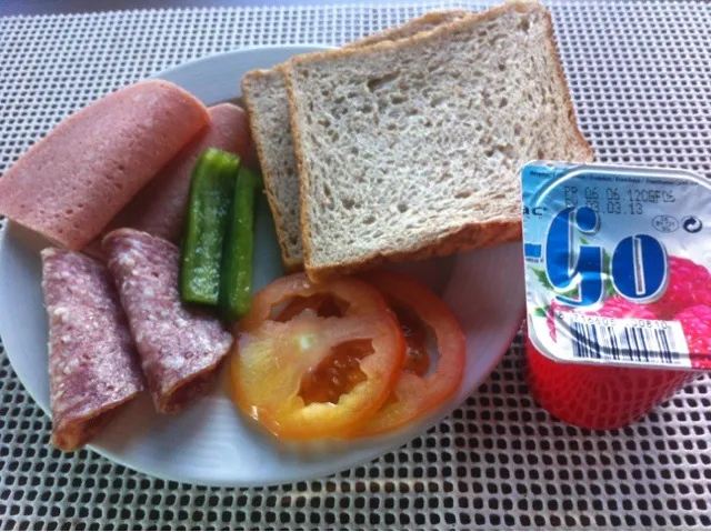 salami sandwich and yogurt|joerel sevillaさん