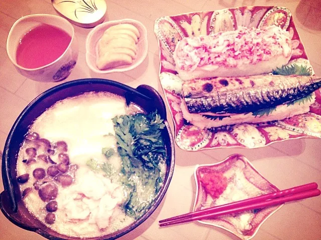 Snapdishの料理写真:明太豆腐♡焼き鯖寿司とかに寿司♡|ayaさん