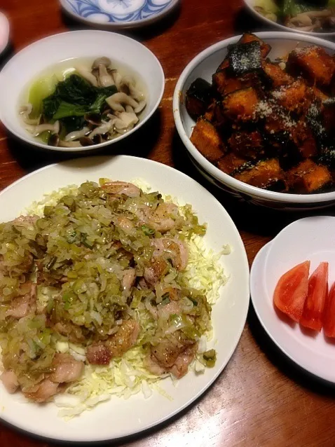 Snapdishの料理写真:ネギ塩チキン、南瓜赤ワイン蒸し、青梗菜とシメジに煮浸し。|raku_darさん