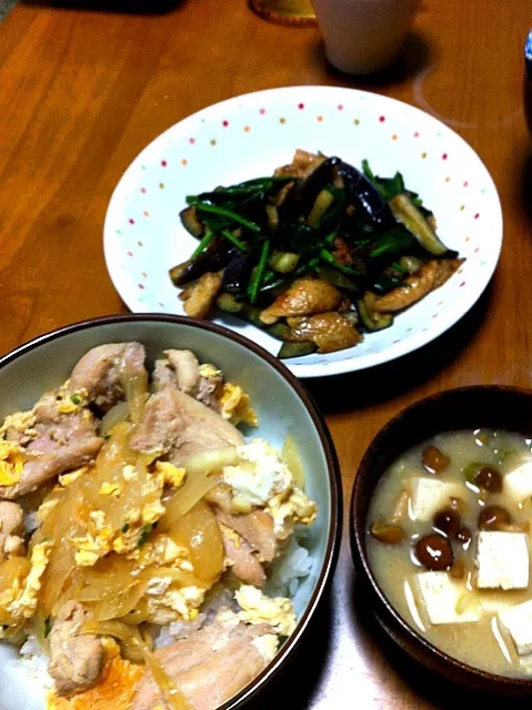 Snapdishの料理写真:親子丼と野菜鶏皮炒め|mrmrさん