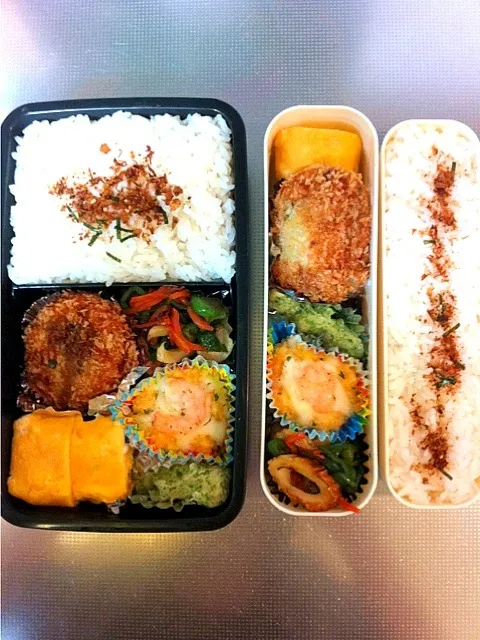 12/27お弁当  手作りコロッケ、竹輪の磯辺揚げ、グラタン、ピーマンと人参・竹輪の金平、出し巻き|由紀子さん