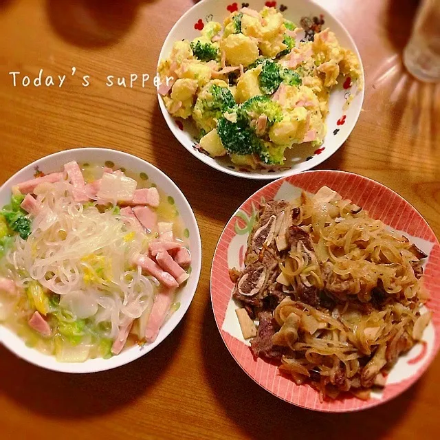 骨付き牛肉炒め+ポテトサラダ+白菜の中華煮|ゆぎめしさん