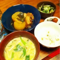 豚と大根煮、水菜おひたし、豆乳味噌汁、豆ごはん|二宮みさきさん