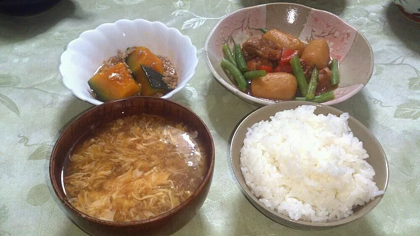 鶏肉と里芋の煮物・そぼろカボチャ・卵スープ|田島亮さん