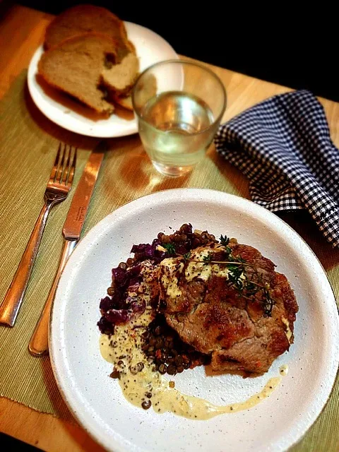 Pork chop with lentils,red cabbage braised with red wine,grain mustard sauce|rick chanさん