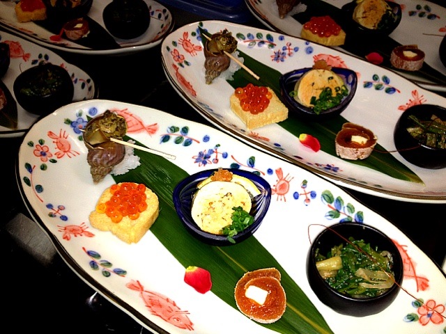 前菜 ツブ貝旨煮 イクラのカナッペ あん肝ポン酢 市田柿クリームチーズ射込み 芹と大根のナムル ぴーころ Snapdish スナップディッシュ Id Tf5tha