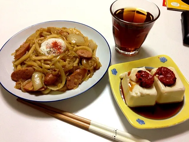 焼きうどん、梅豆腐|ぼーちゃんさん