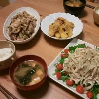 Snapdishの料理写真:豚肉となすのおかか炒め&焼きちくわのカレー揚げ&揚げゴボウとササミのサラダ|ますみさん