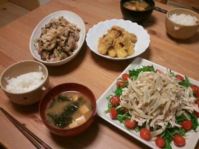 豚肉となすのおかか炒め&焼きちくわのカレー揚げ&揚げゴボウとササミのサラダ|ますみさん