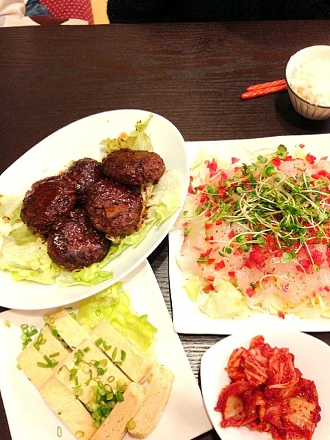 ハンバーグとヒラメのカルパッチョと出し巻き卵|まさこさん