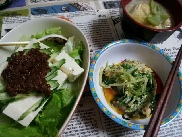 Snapdishの料理写真:肉味噌冷奴＆水菜の卵とじ。|みながわさん