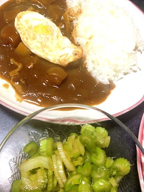 やったーーーー！玉子焼きがのってるっ！ セロリサラダ、バター焼き玉ねぎのカレーライス #夕飯|ms903さん