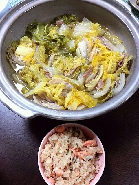 白菜と豚バラのミルフィーユ鍋 鮭ご飯|野崎恵理さん