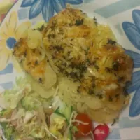 parsnips baked with cheese and a side salad