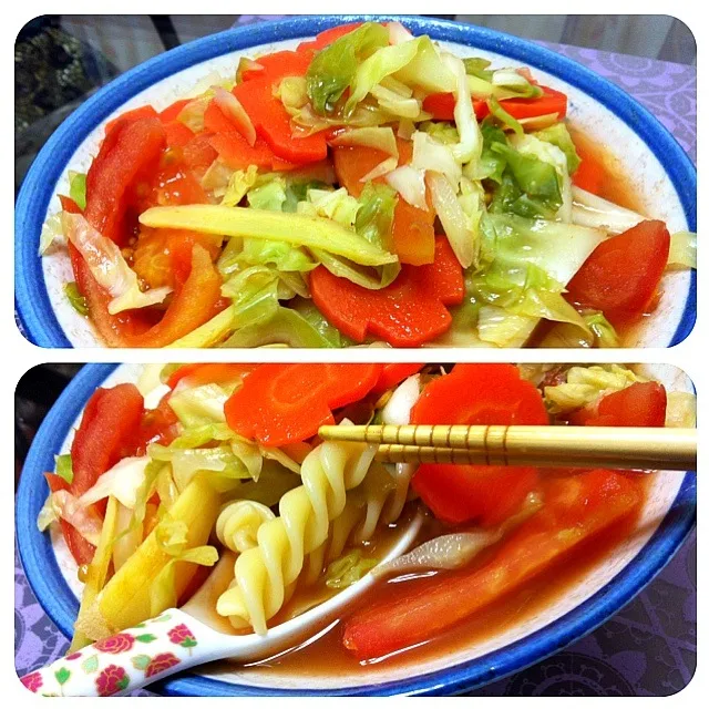 Vegetables Fusilli Pasta with Tomato soup🍝🍅|PeonyYanさん