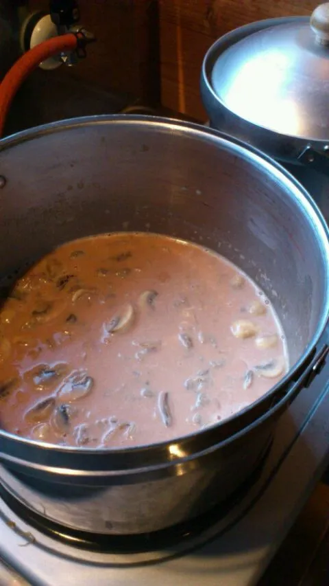 Making beef stroganoff.ビーフストロガノフ作成中 in the 山小屋|Funky Chefさん