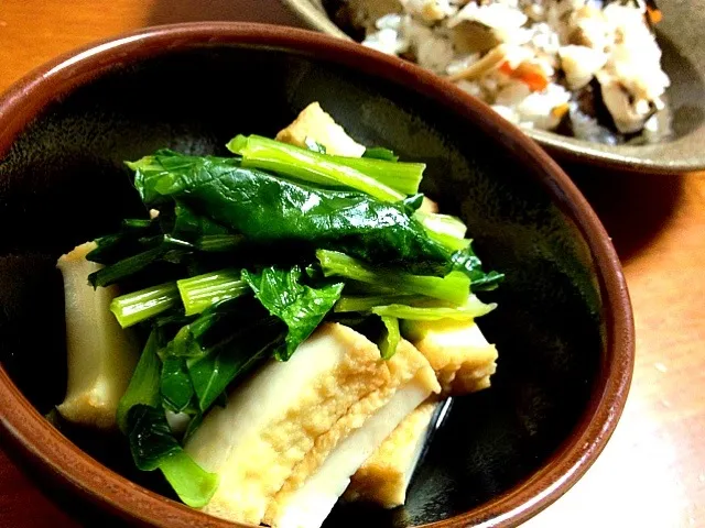 我が家産小松菜と絹厚揚げの煮浸し Stewed Japanese mustard spinach (harvested from my garden) and deep-fried tofu|まる(丸大豆)さん